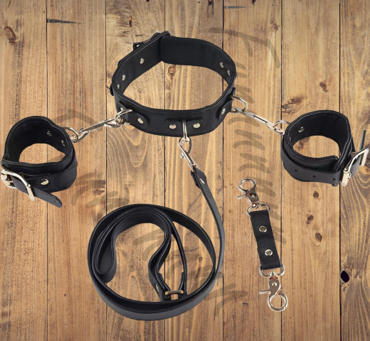 Leather Collar With Handcuffs Set